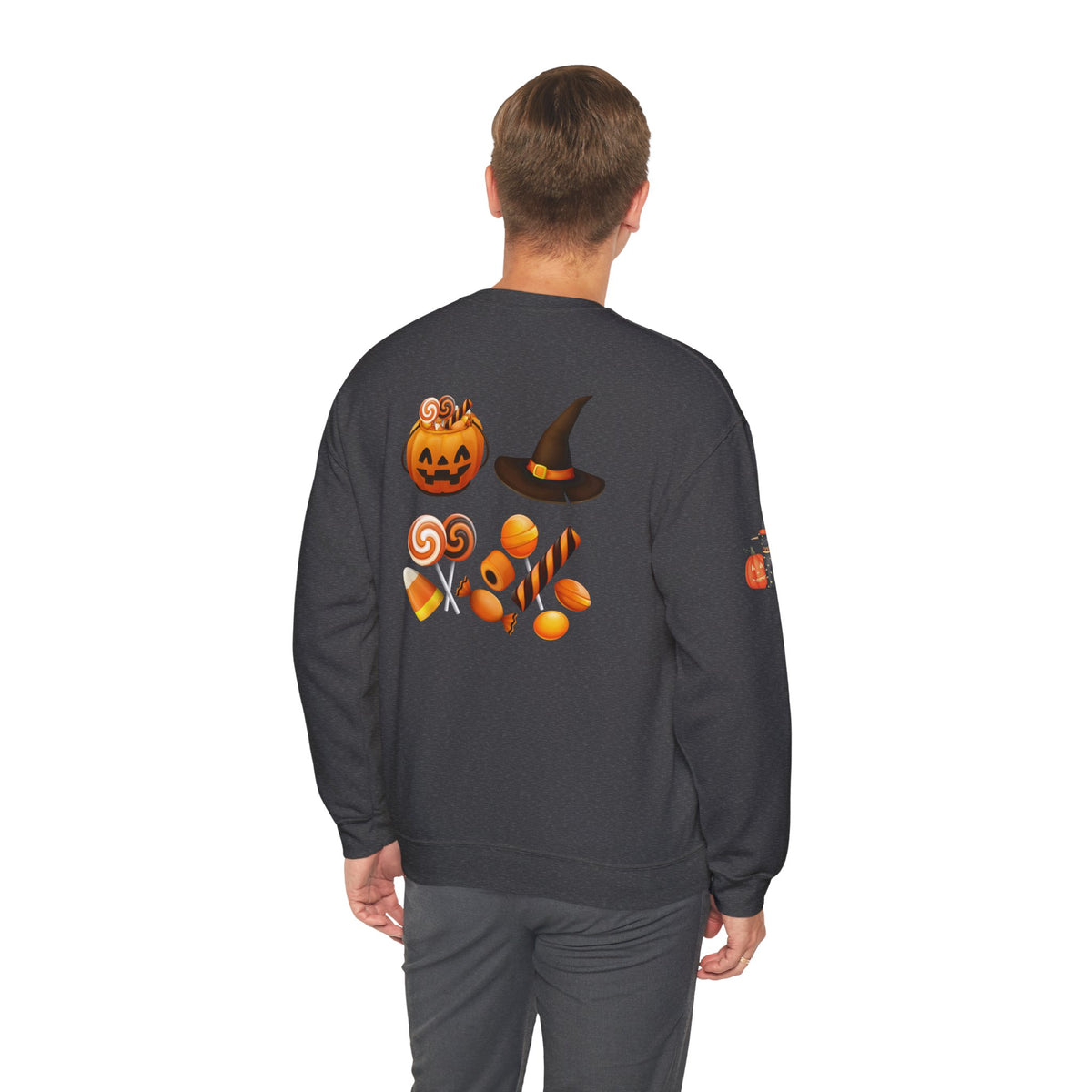 Halloween Candy Crewneck Sweatshirt — 'Happy Halloween' Jack-o'-Lantern & Candy Design