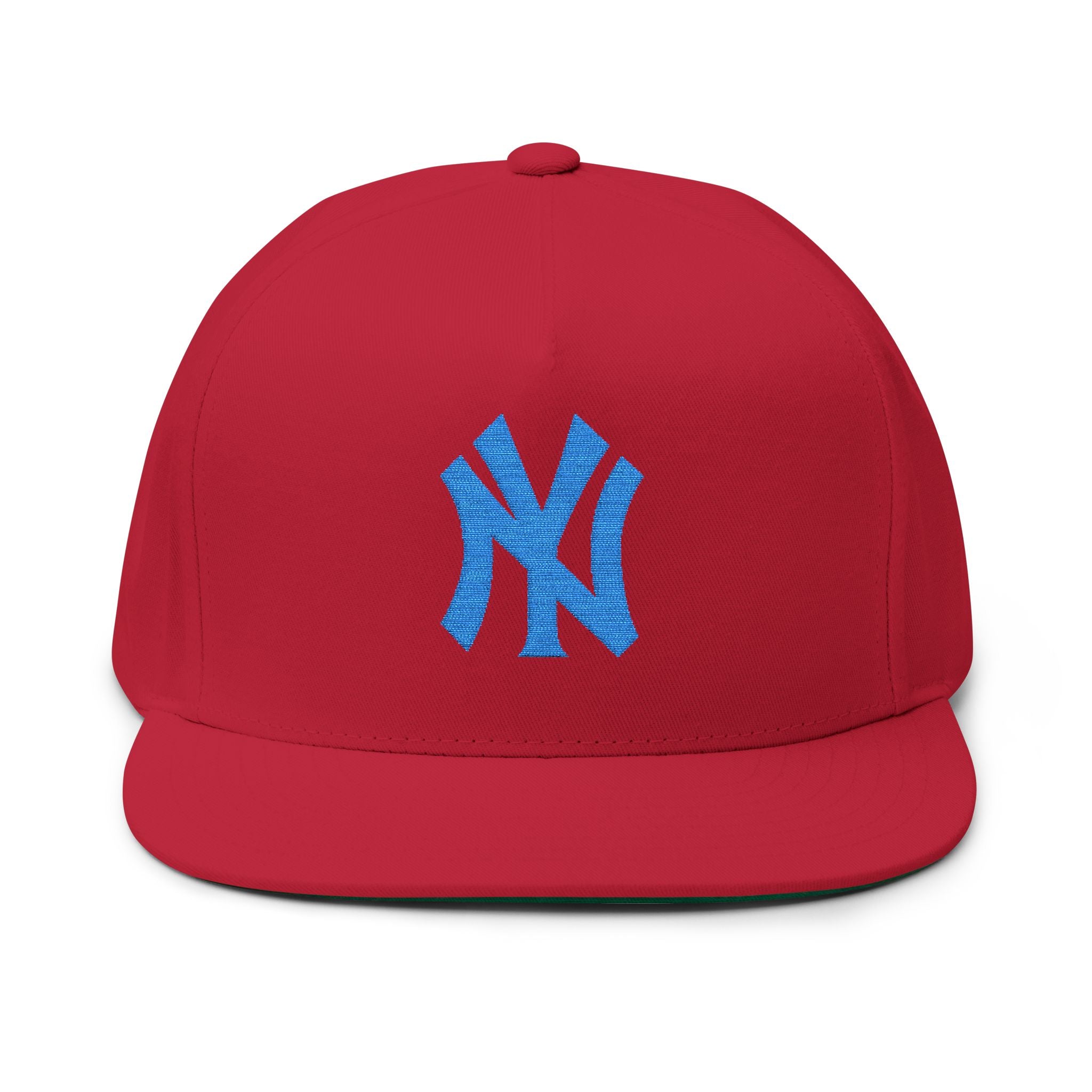 Embroidered Flat Bill Cap — Blue NY Logo Snapback Hat