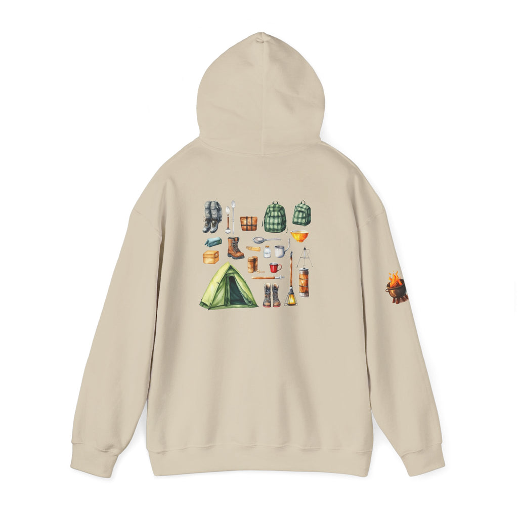 Camping Gear Hoodie  Tent, Boots, Lantern, Campfire Illustration