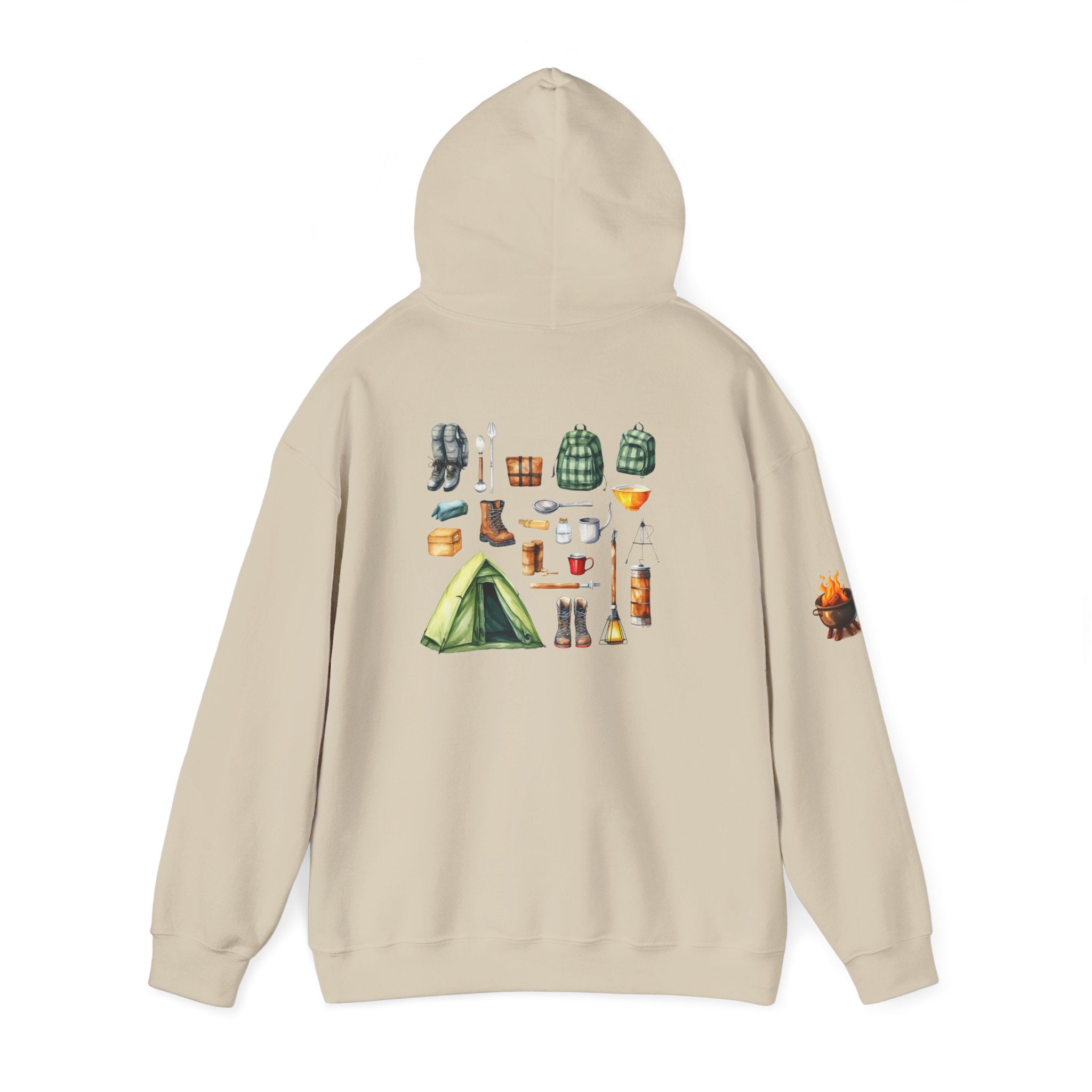 Camping Gear Hoodie  Tent, Boots, Lantern, Campfire Illustration