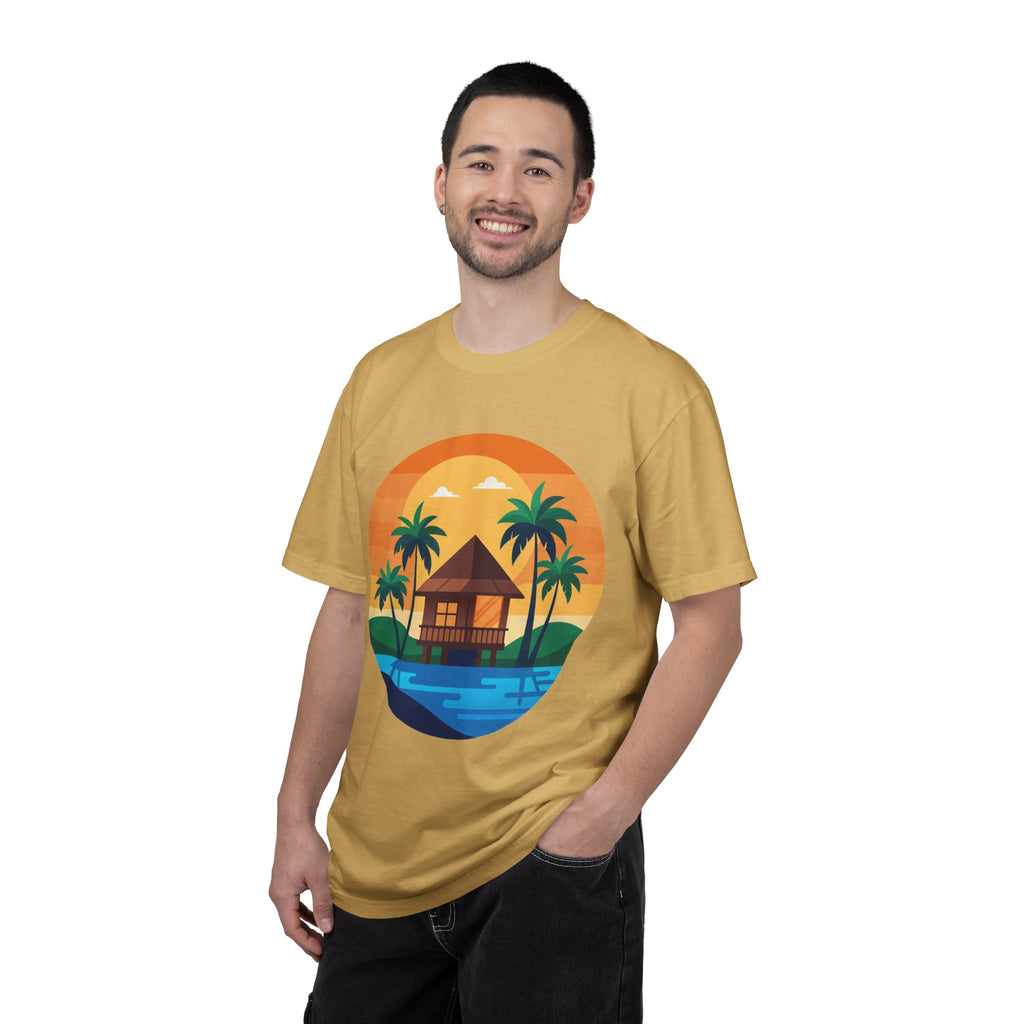 Tropical Beach Hut T-shirt | Sunset Palm Island Circle Design