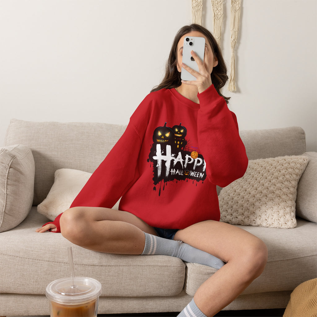Halloween Pumpkin Crewneck Sweatshirt — "Happy Halloween" Graphic
