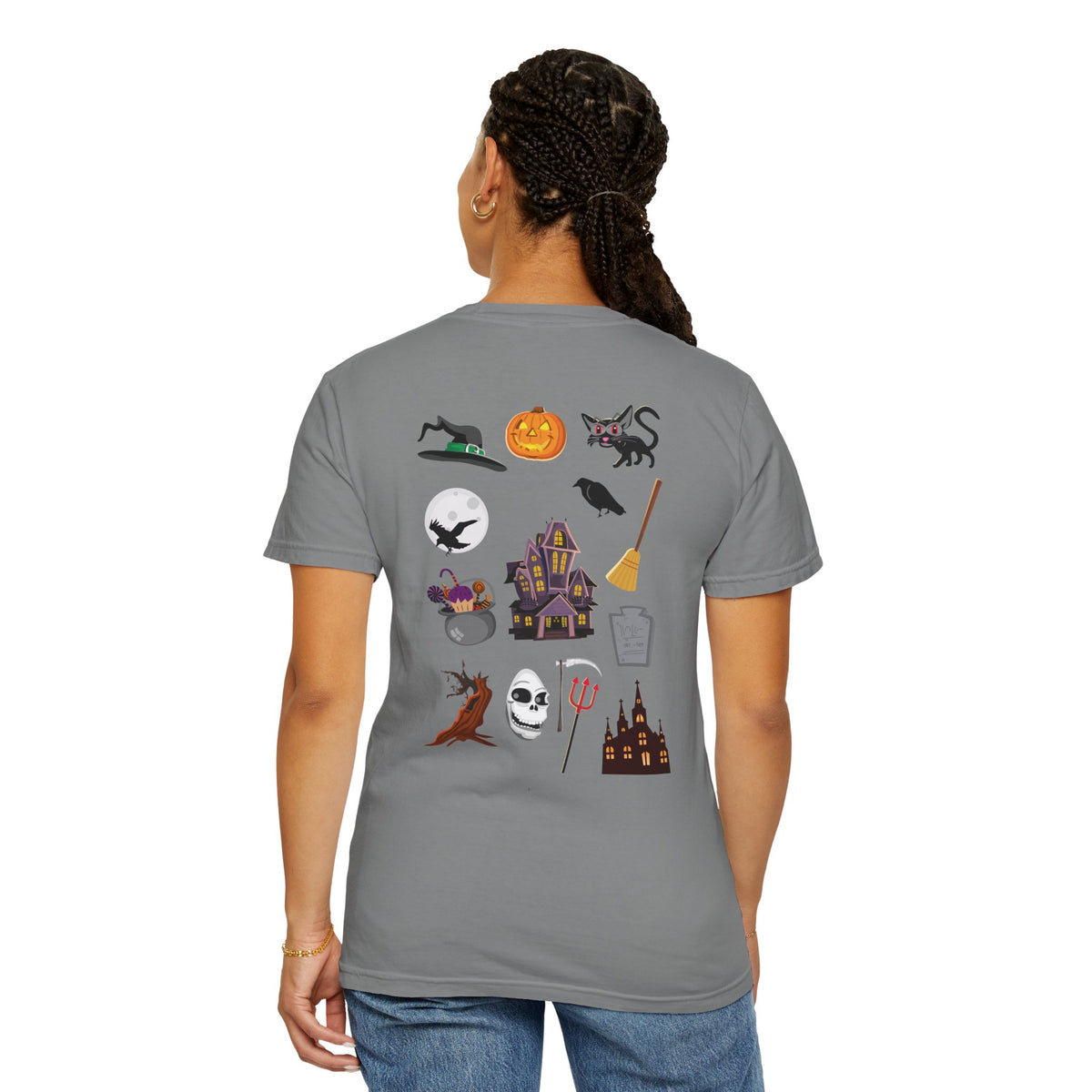 Halloween Icons T-Shirt — "Happy Halloween" Graphic Tee with Spooky Back Illustrations