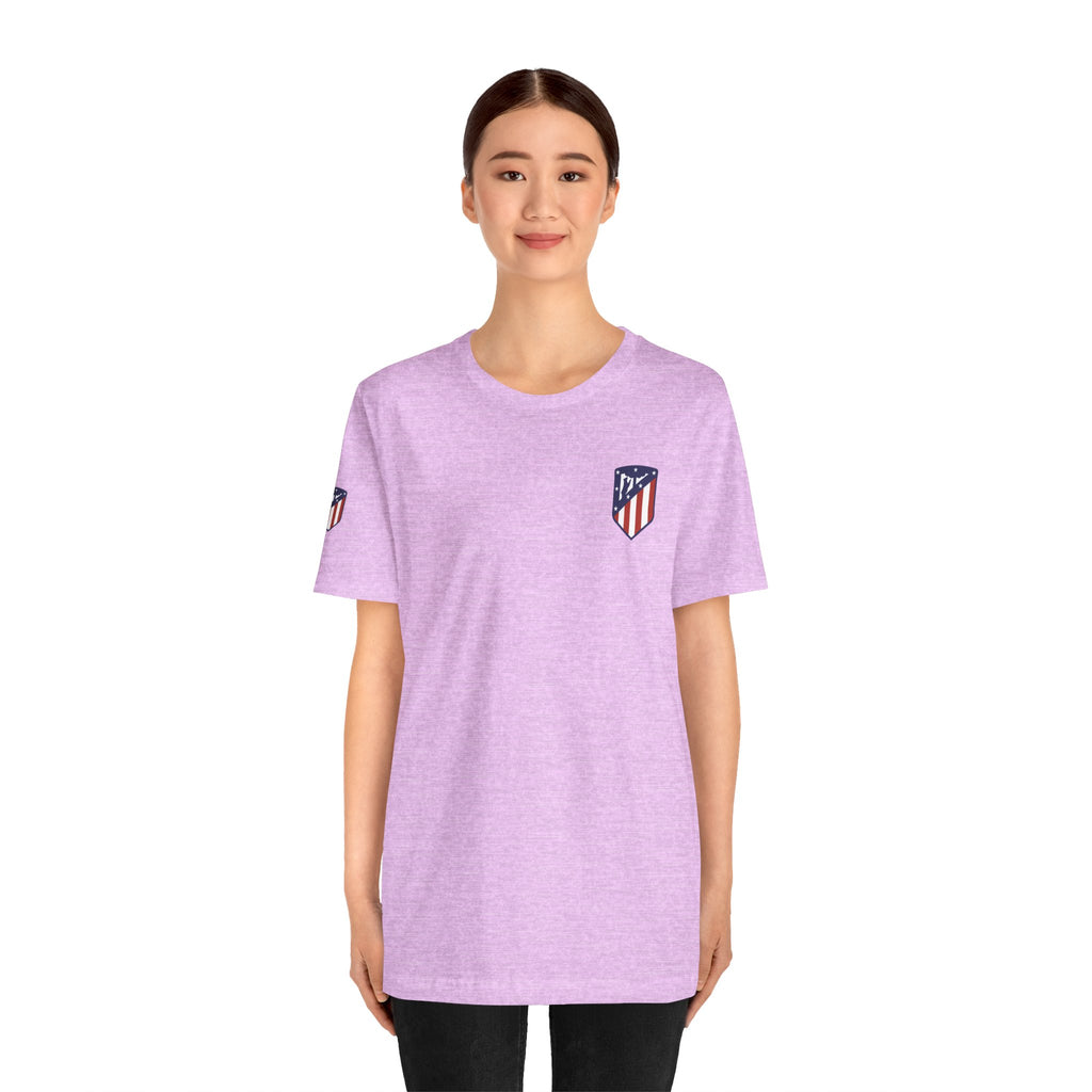 Atletico Madrid Shield T-Shirt Front Chest & Sleeve Logo Soccer Tee