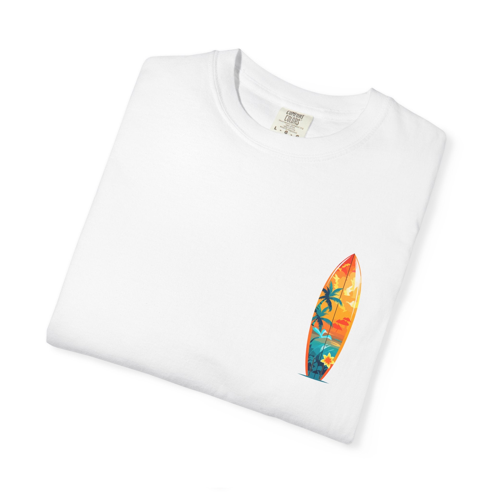 Surfing Tropical Board T-Shirt Beach Vibes Tee with Colorful Surfboard Design
