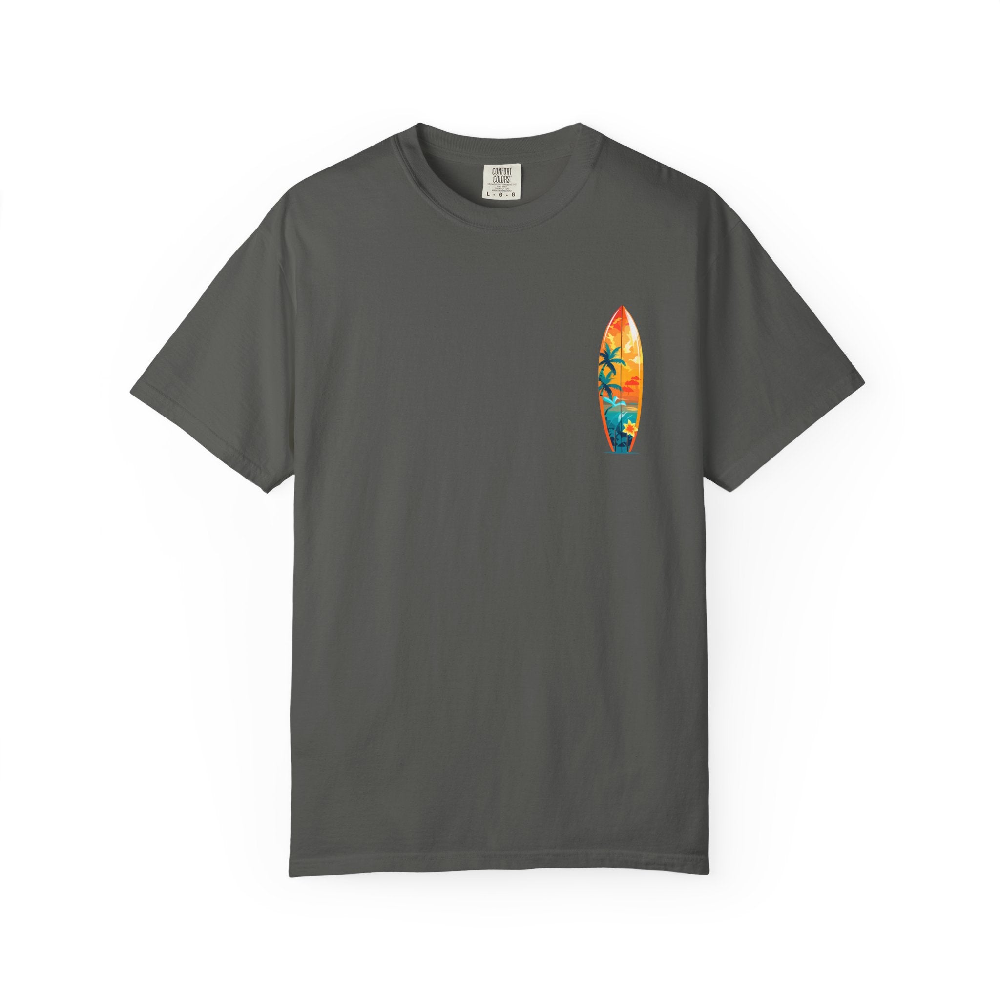 Surfing Tropical Board T-Shirt Beach Vibes Tee with Colorful Surfboard Design