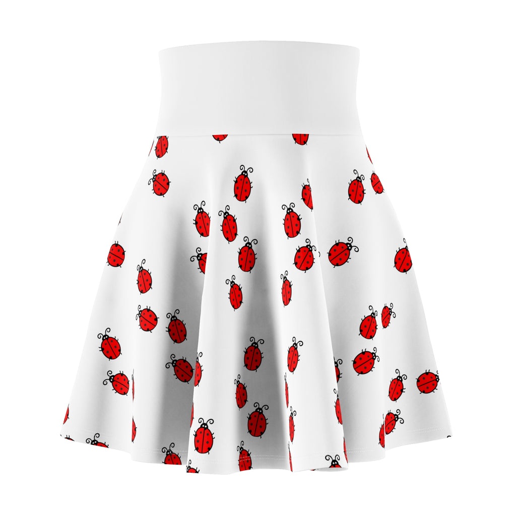 Red Ladybug Pattern Skater Skirt | Cute Insect Print, White Background