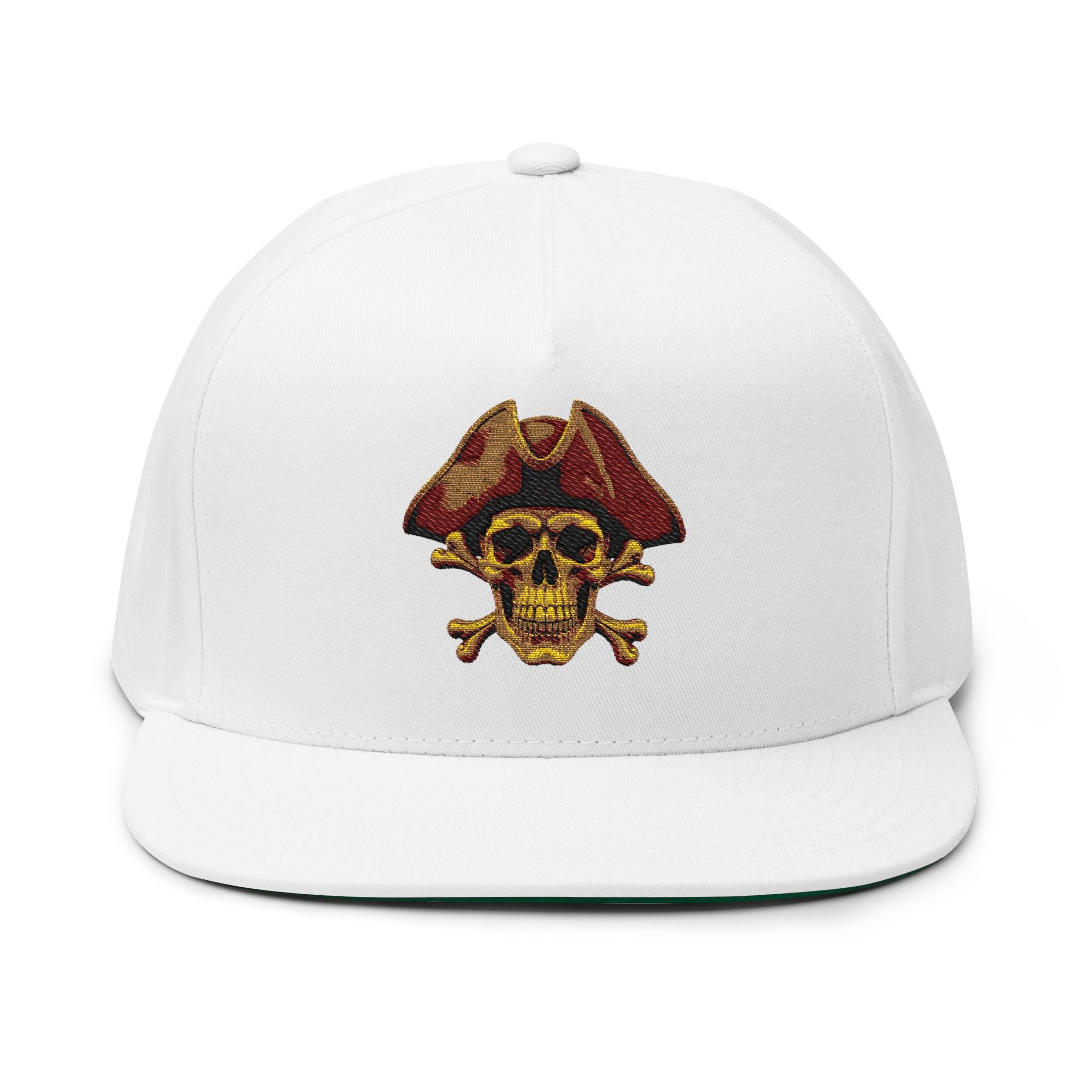 Embroidered Pirate Skull Flat Bill Cap  Gold Skull & Tricorn Hat Snapback