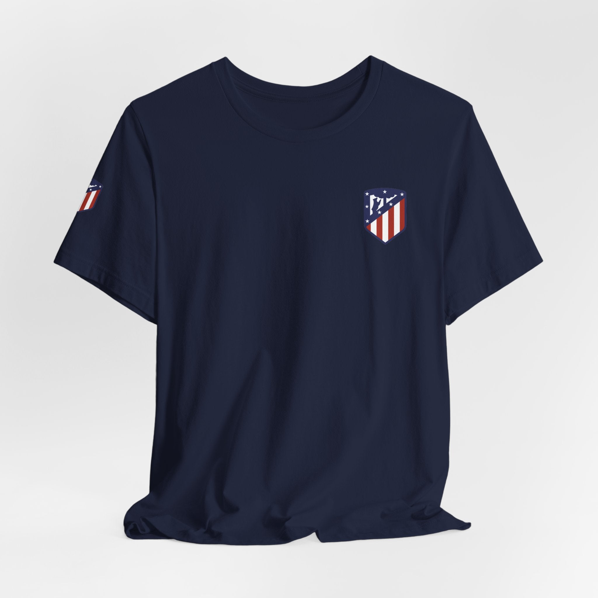 Atletico Madrid Shield T-Shirt Front Chest & Sleeve Logo Soccer Tee