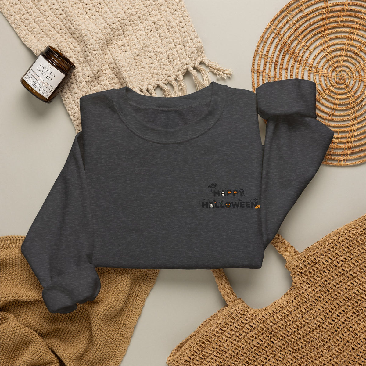 Halloween Candy Crewneck Sweatshirt — 'Happy Halloween' Jack-o'-Lantern & Candy Design