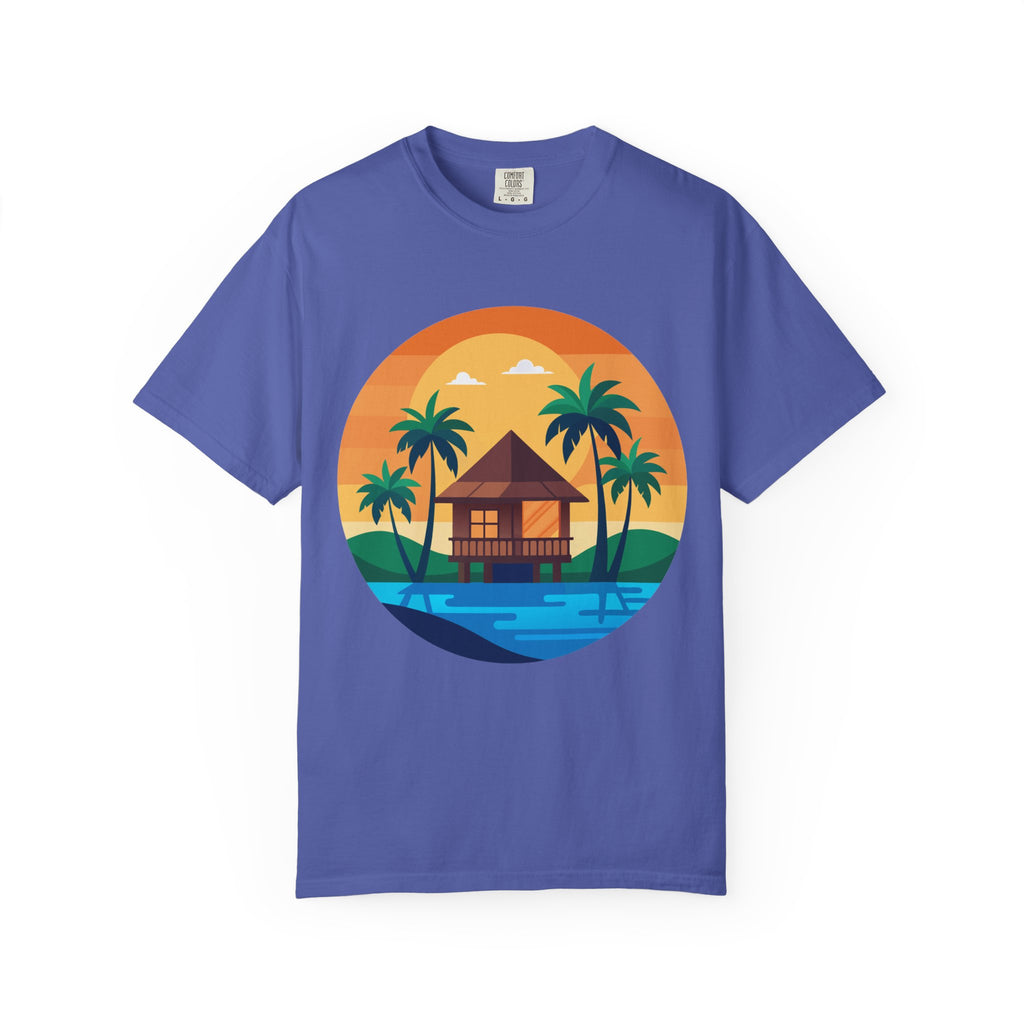 Tropical Beach Hut T-shirt | Sunset Palm Island Circle Design