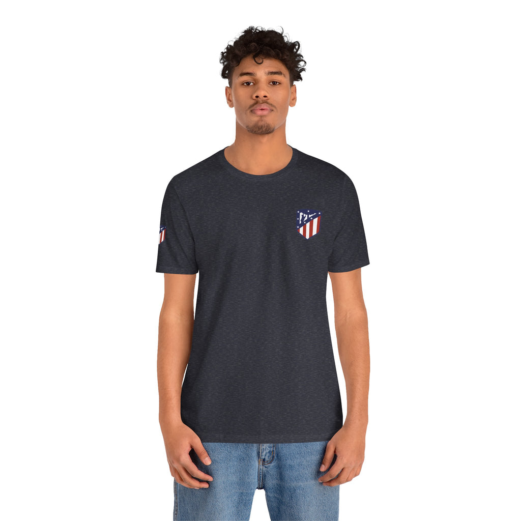 Atletico Madrid Shield T-Shirt Front Chest & Sleeve Logo Soccer Tee