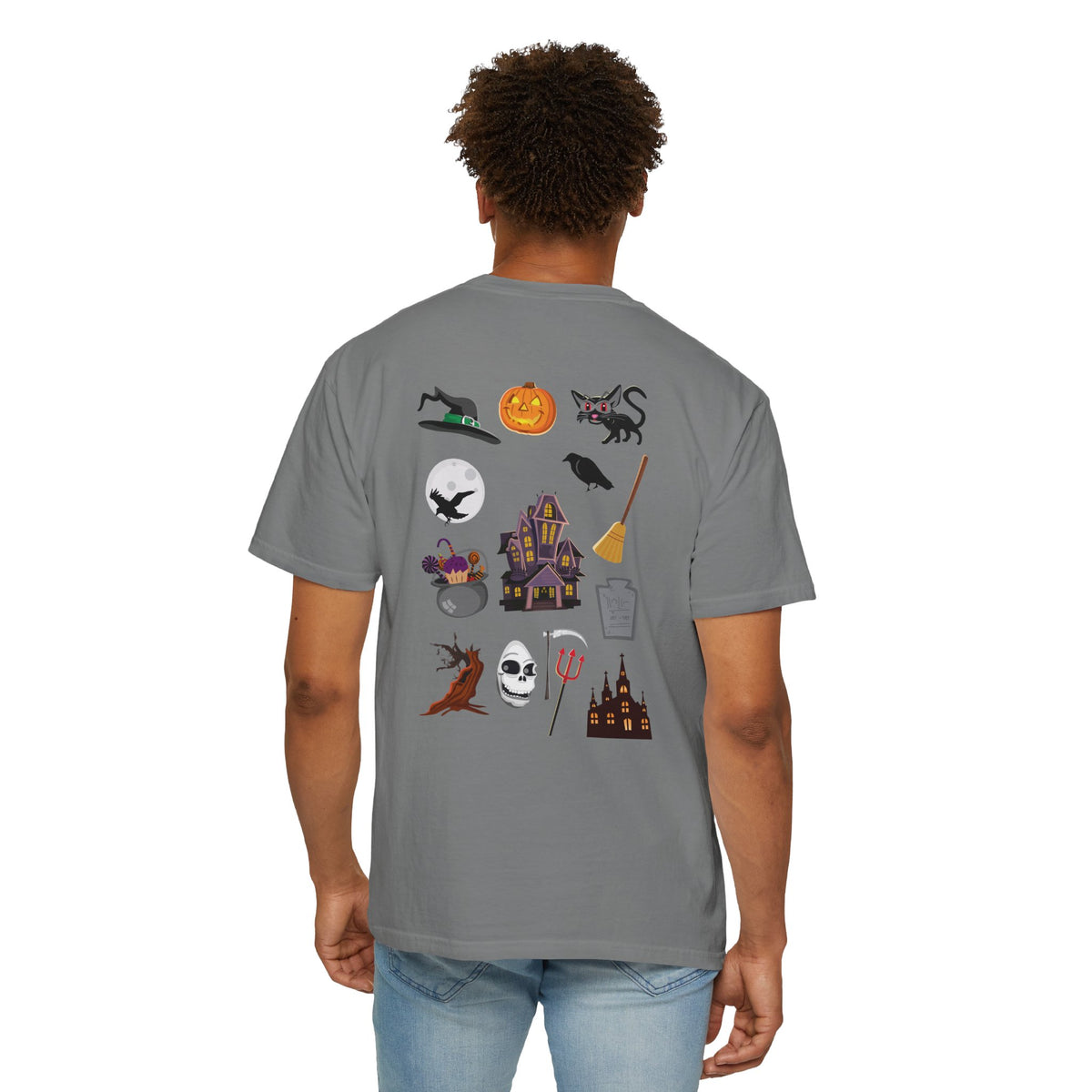 Halloween Icons T-Shirt — "Happy Halloween" Graphic Tee with Spooky Back Illustrations