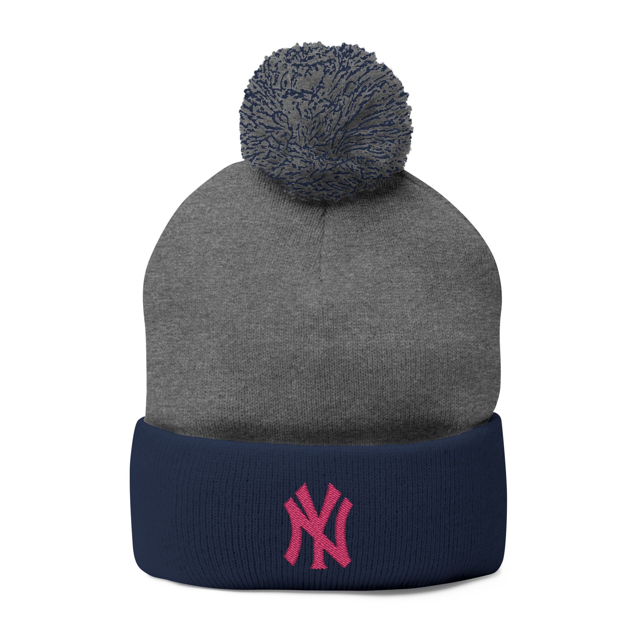 Embroidered Pom-Pom Knit Beanie — Grey Winter Hat with Pink NY Logo