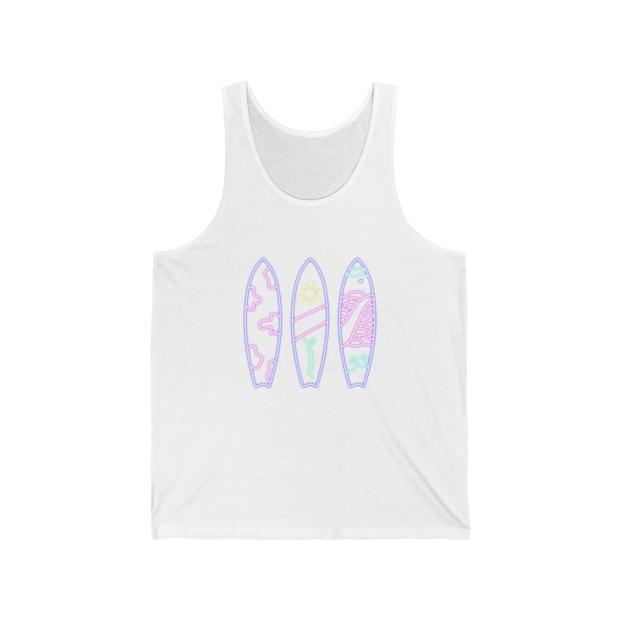 Surfboard Tank Top  Beach Vibes Summer Tank with Colorful Surfboard Design