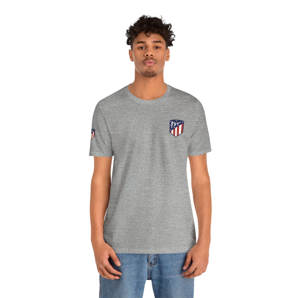 Atletico Madrid Shield T-Shirt Front Chest & Sleeve Logo Soccer Tee