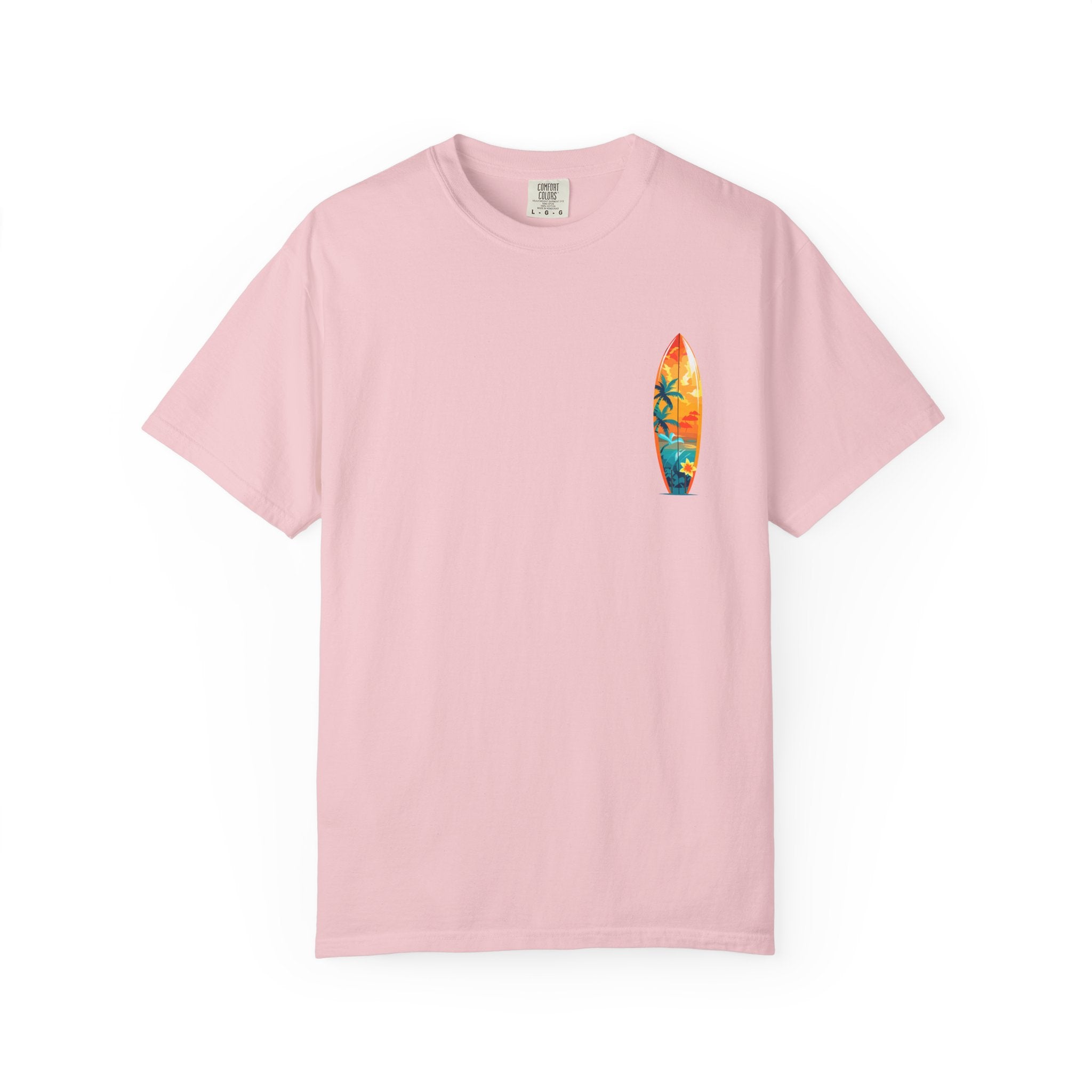 Surfing Tropical Board T-Shirt Beach Vibes Tee with Colorful Surfboard Design