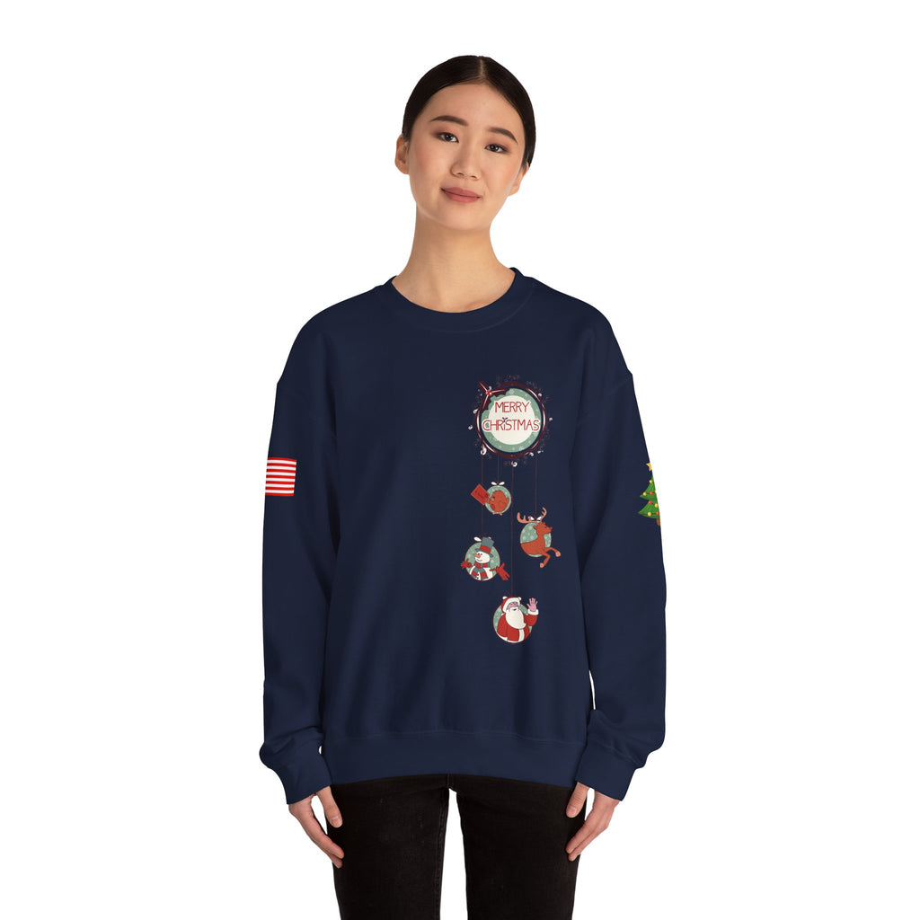 Merry Christmas Hanging Ornaments Sweatshirt Santa Reindeer Wreath Holiday