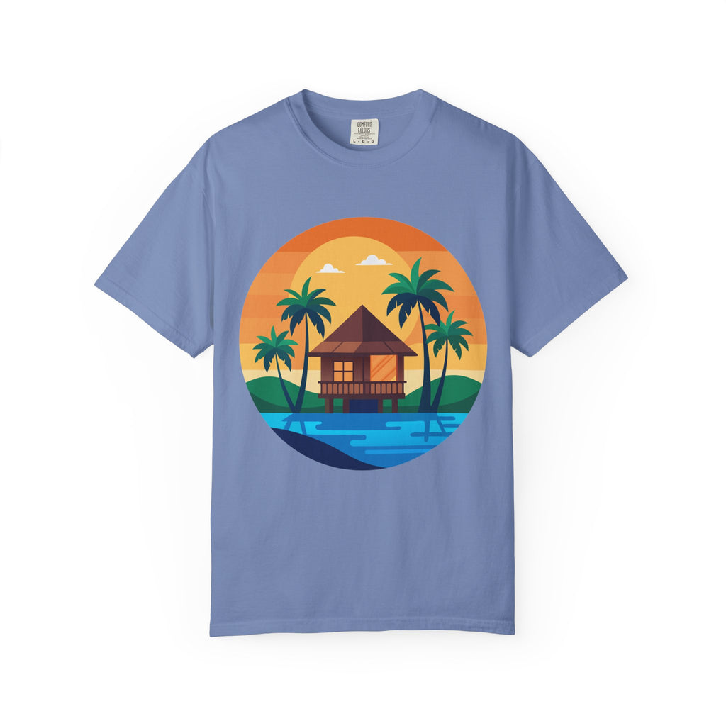 Tropical Beach Hut T-shirt | Sunset Palm Island Circle Design