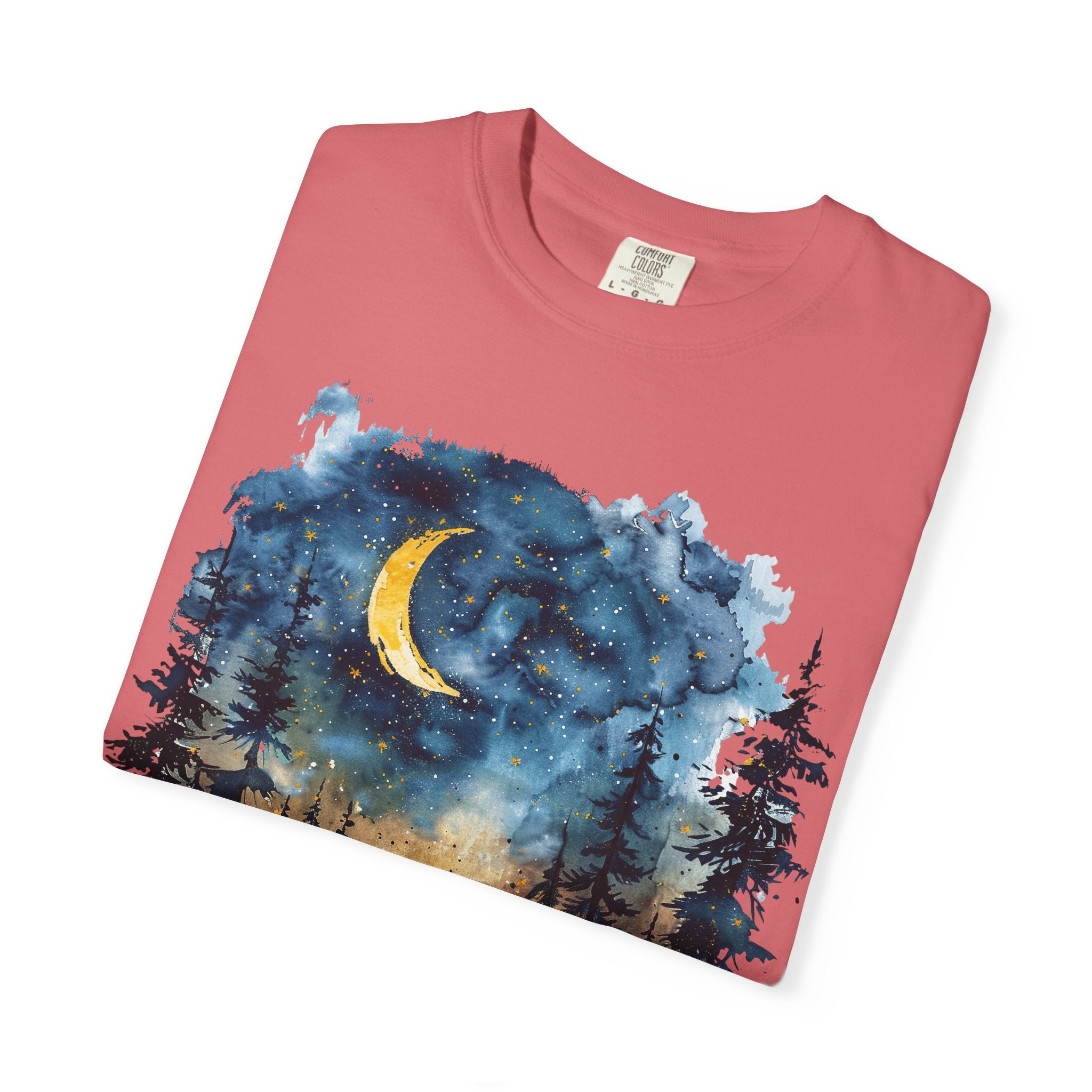 Moonlit Campsite T-shirt | Forest Night Sky, Crescent Moon