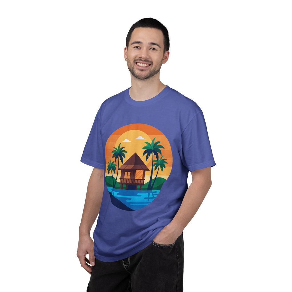 Tropical Beach Hut T-shirt | Sunset Palm Island Circle Design