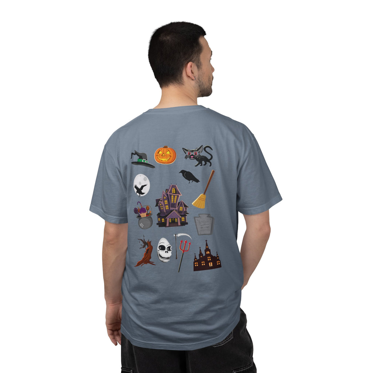 Halloween Icons T-Shirt — "Happy Halloween" Graphic Tee with Spooky Back Illustrations