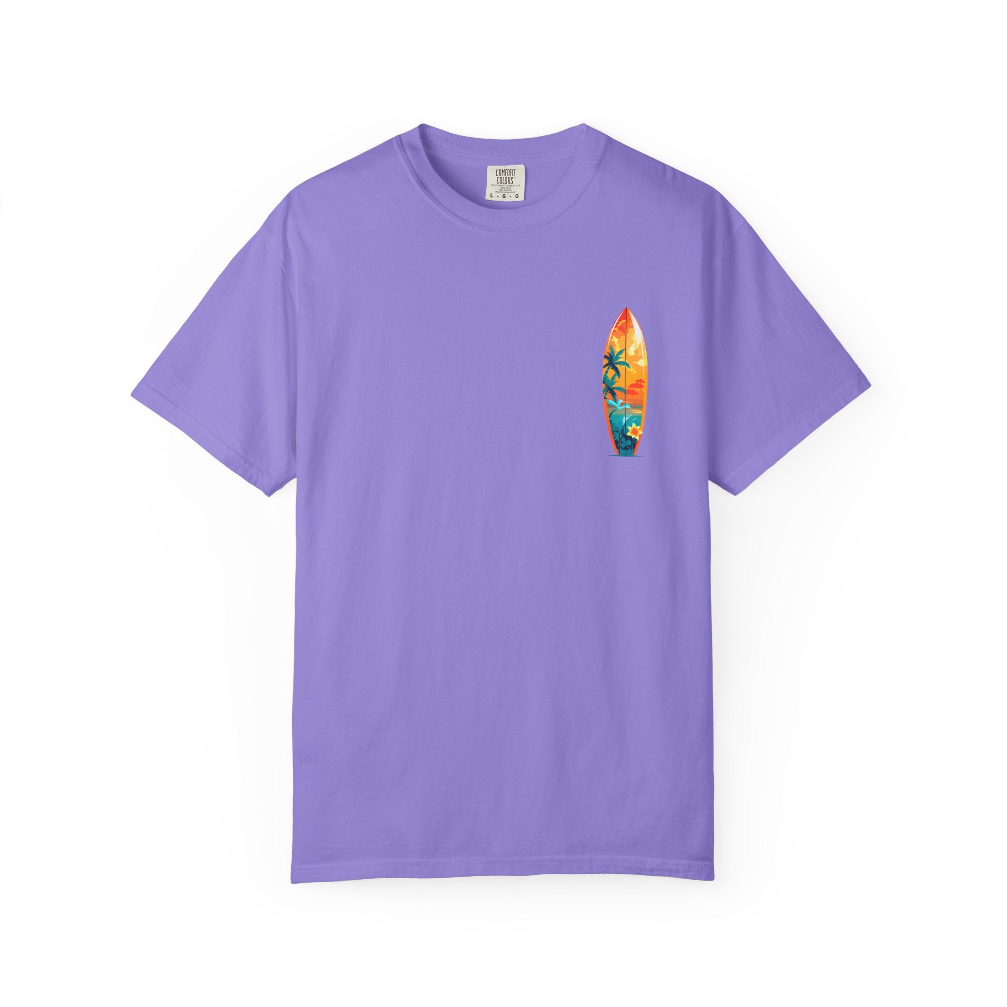 Surfing Tropical Board T-Shirt Beach Vibes Tee with Colorful Surfboard Design