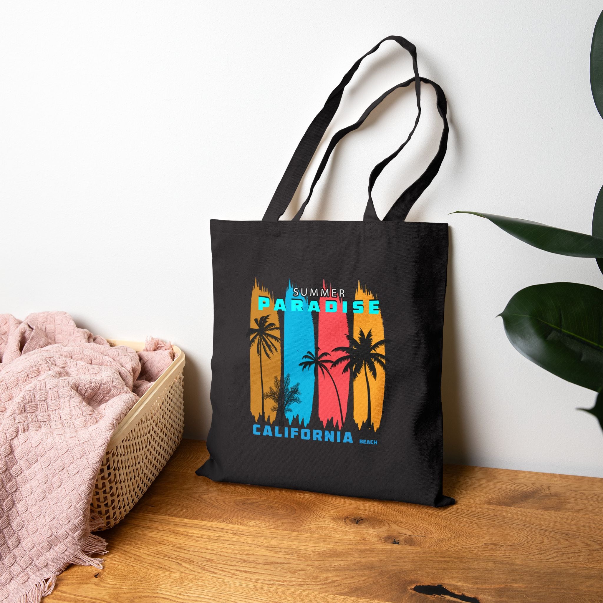 California Paradise Tote Bag  Beach Surf Canvas Tote (Palm Trees, Surfboard)