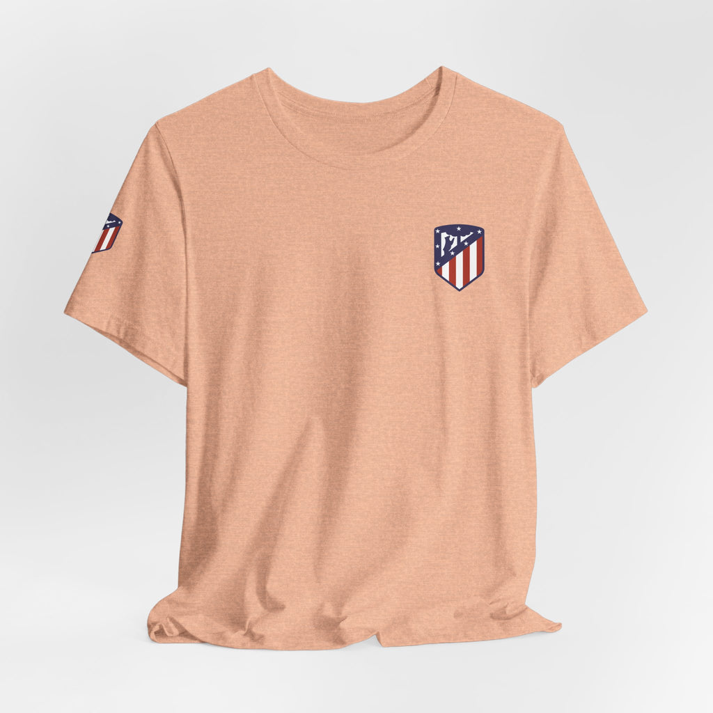 Atletico Madrid Shield T-Shirt Front Chest & Sleeve Logo Soccer Tee