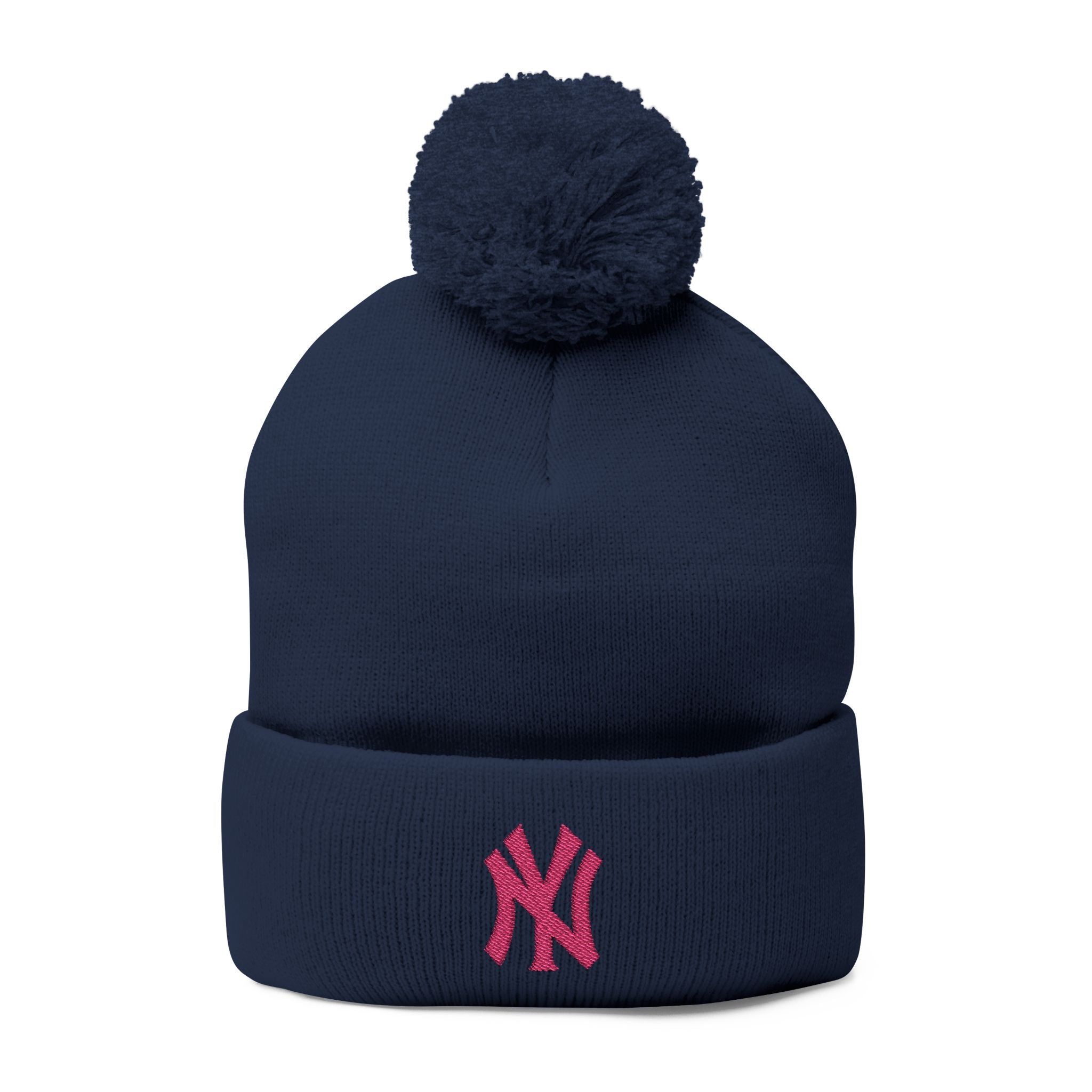 Embroidered Pom-Pom Knit Beanie — Grey Winter Hat with Pink NY Logo