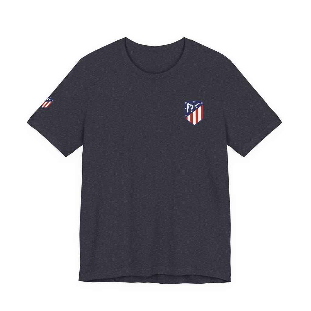 Atletico Madrid Shield T-Shirt Front Chest & Sleeve Logo Soccer Tee
