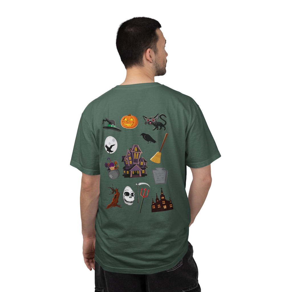 Halloween Icons T-Shirt — "Happy Halloween" Graphic Tee with Spooky Back Illustrations