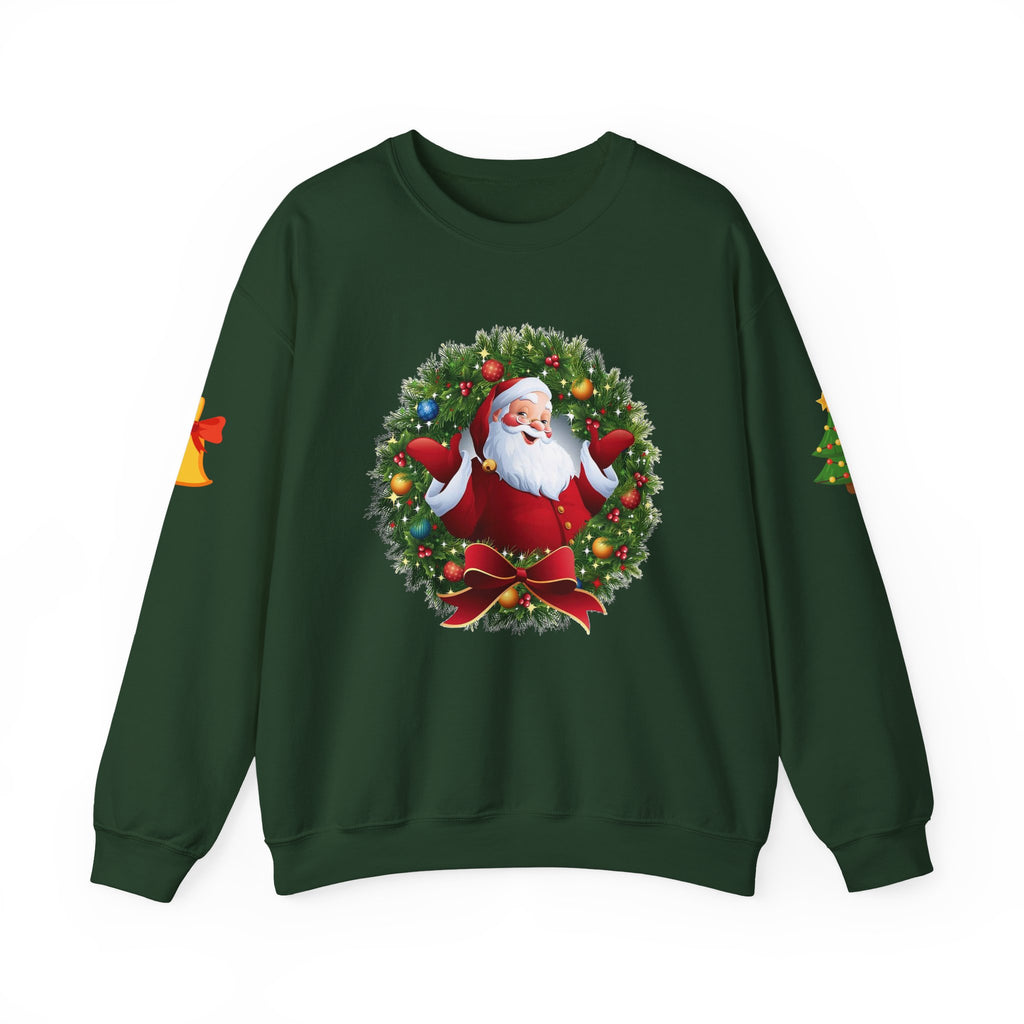 Santa in Wreath Crewneck Sweatshirt Christmas Tree Sleeve Accents