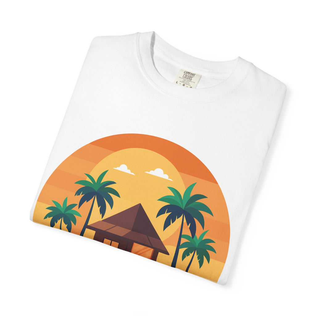 Tropical Beach Hut T-shirt | Sunset Palm Island Circle Design
