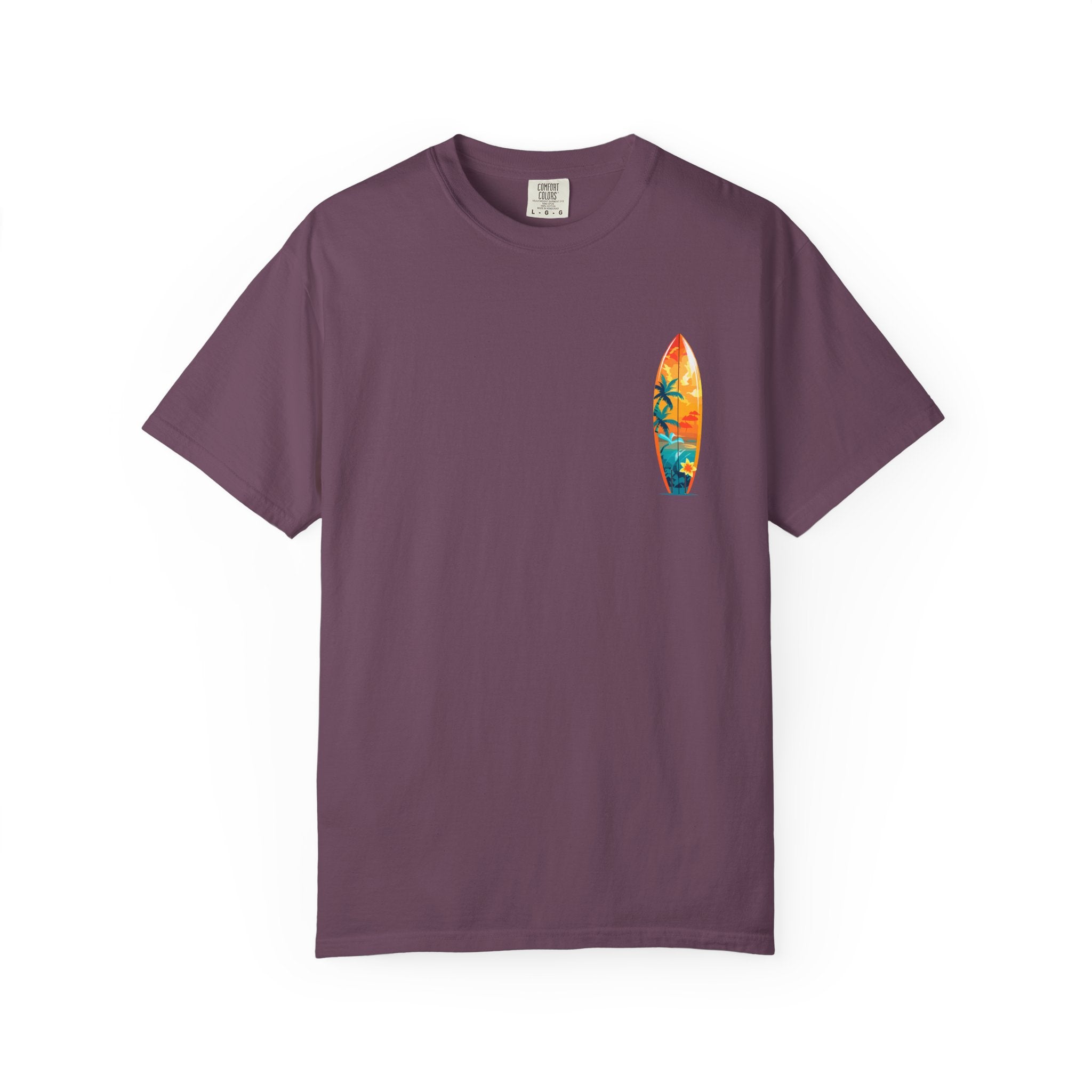 Surfing Tropical Board T-Shirt Beach Vibes Tee with Colorful Surfboard Design