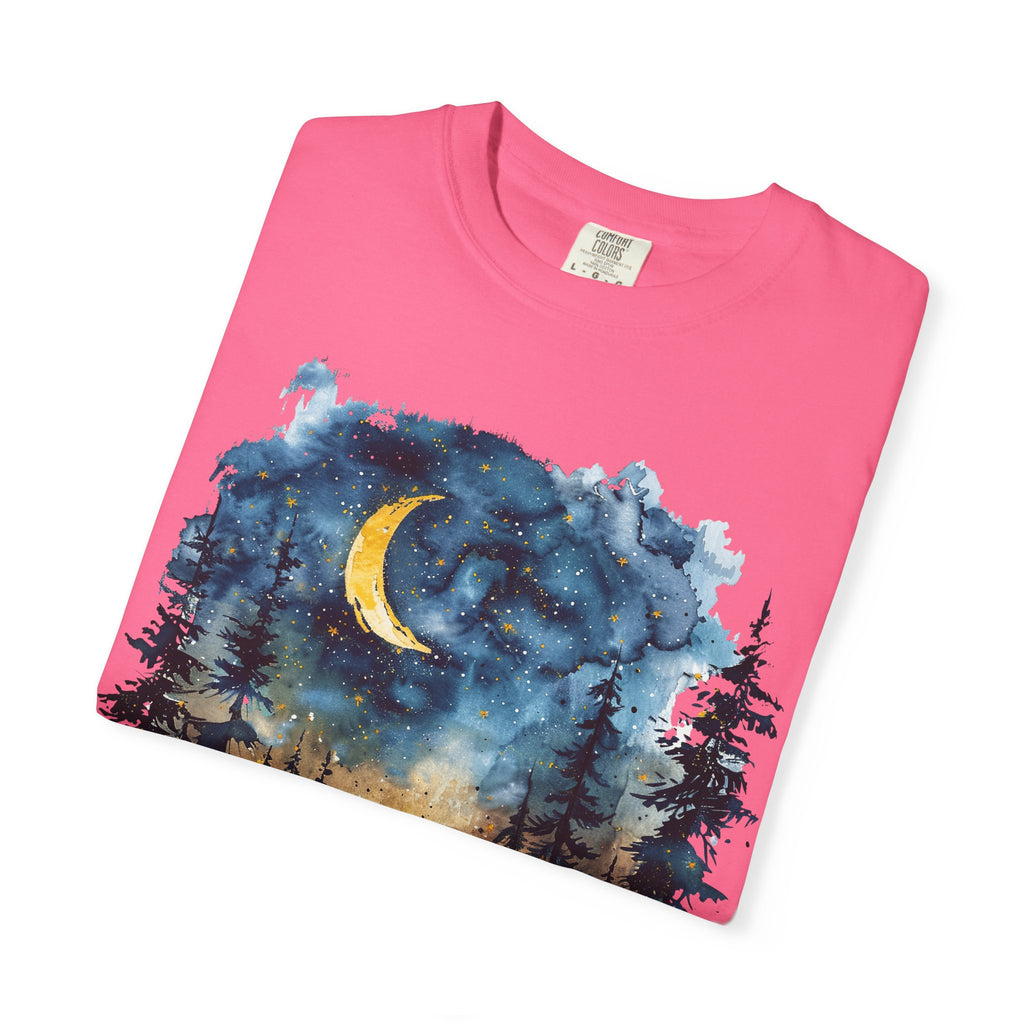 Moonlit Campsite T-shirt | Forest Night Sky, Crescent Moon