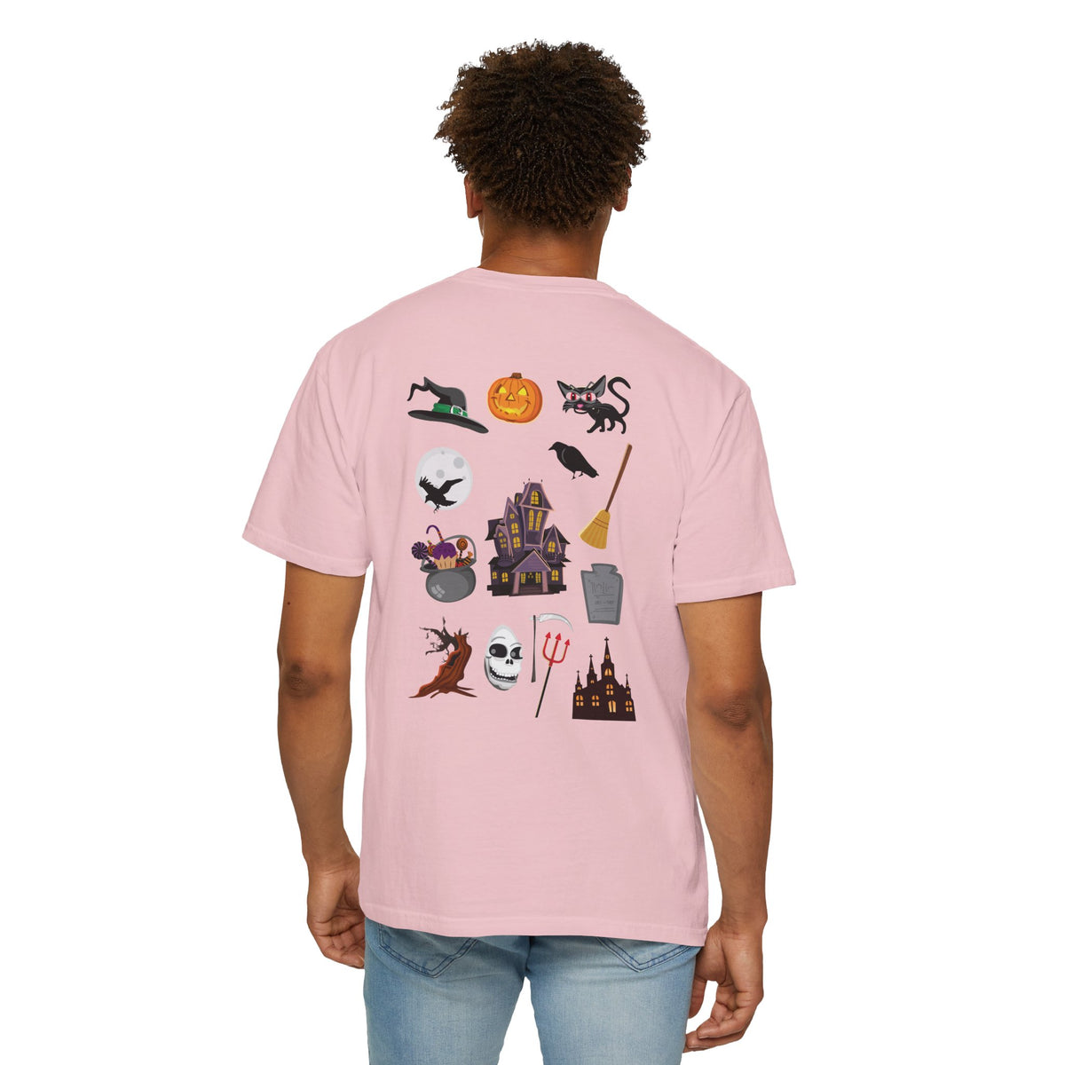 Halloween Icons T-Shirt — "Happy Halloween" Graphic Tee with Spooky Back Illustrations