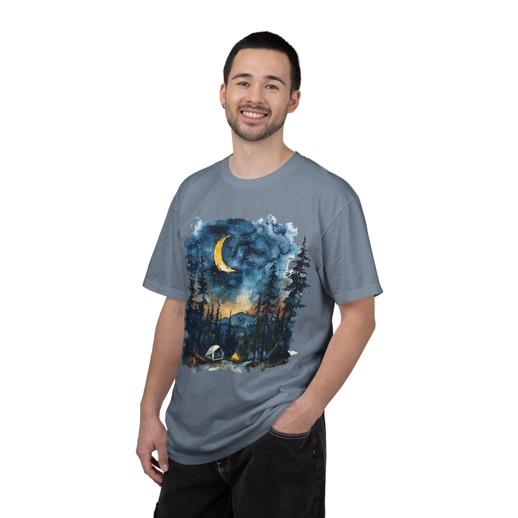 Moonlit Campsite T-shirt | Forest Night Sky, Crescent Moon