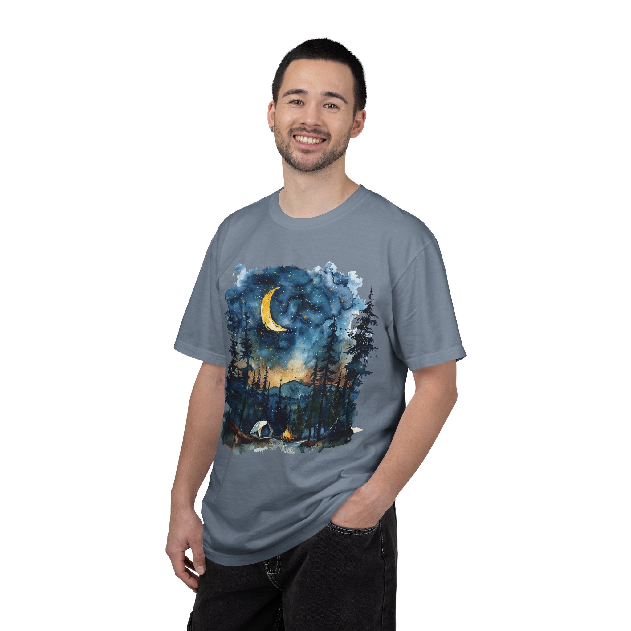 Moonlit Campsite T-shirt | Forest Night Sky, Crescent Moon
