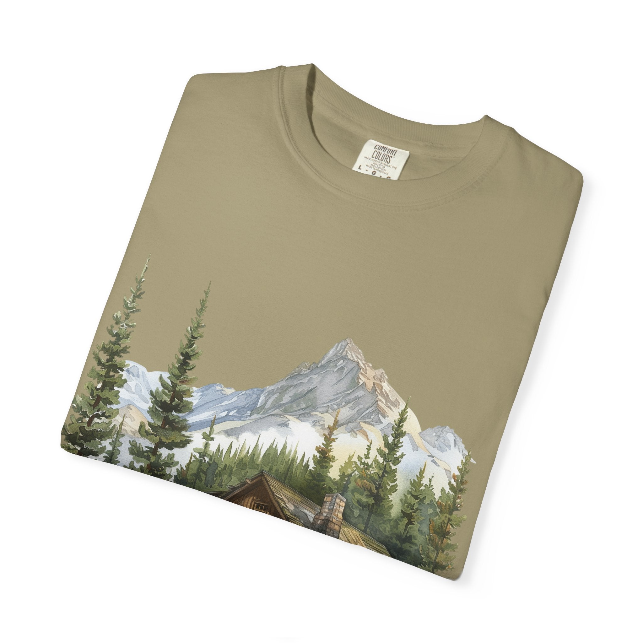 Mountain Log Cabin Illustration T-Shirt | Rustic Nature Scene