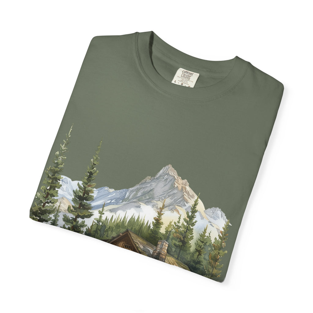 Mountain Log Cabin Illustration T-Shirt | Rustic Nature Scene