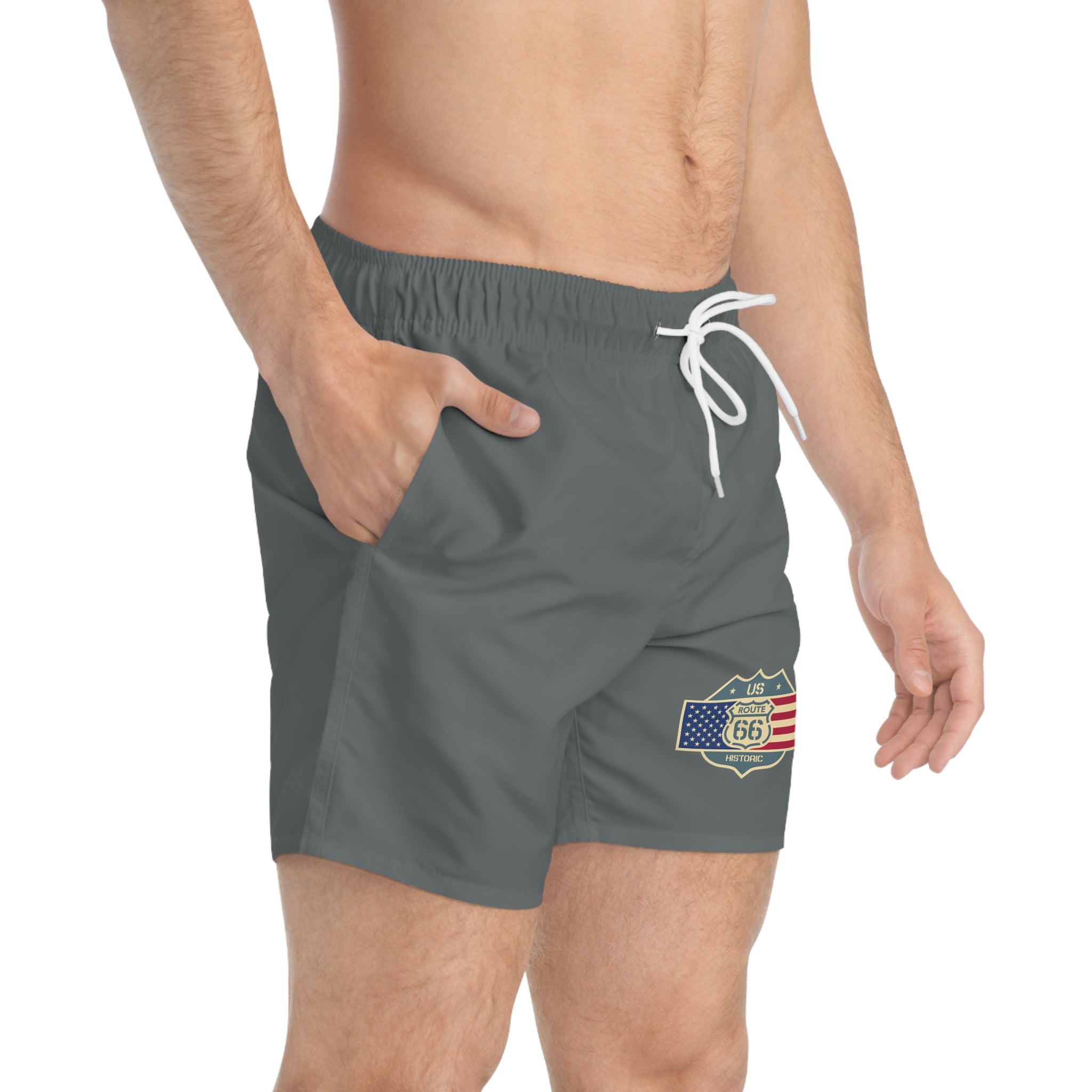 Route 66 American Flag Swim Trunks  Vintage USA Beach Shorts