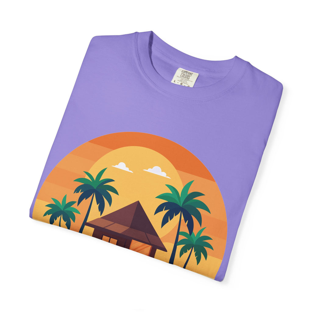 Tropical Beach Hut T-shirt | Sunset Palm Island Circle Design