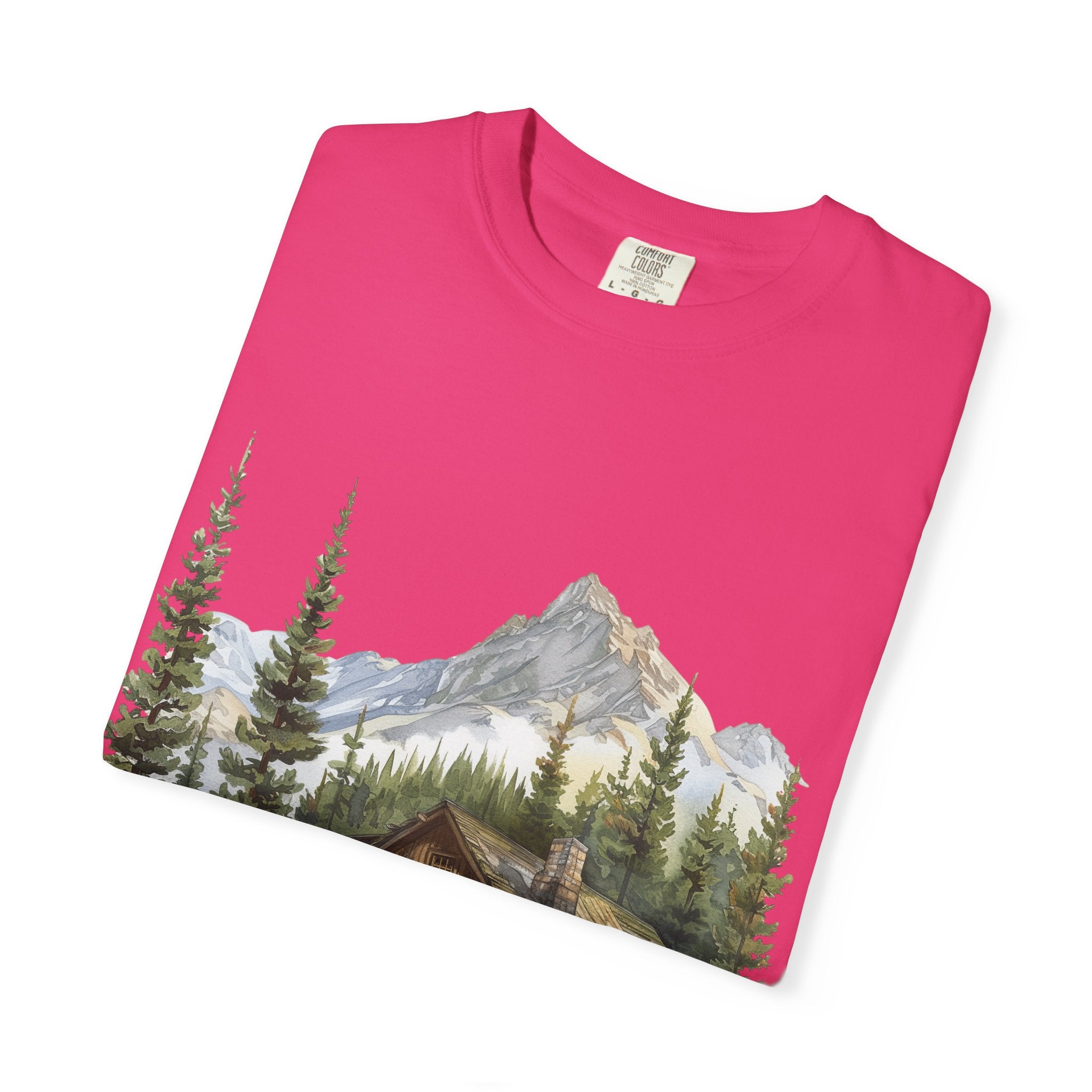 Mountain Log Cabin Illustration T-Shirt | Rustic Nature Scene
