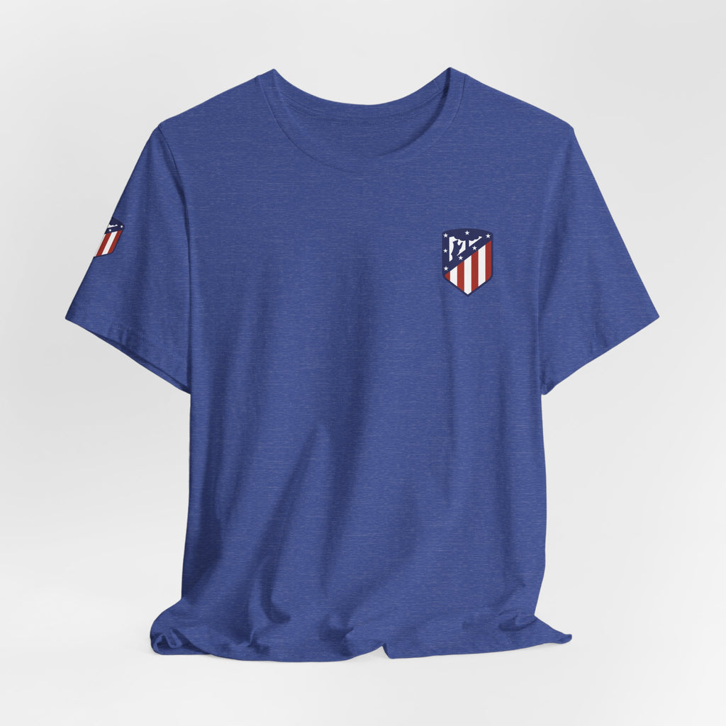 Atletico Madrid Shield T-Shirt Front Chest & Sleeve Logo Soccer Tee