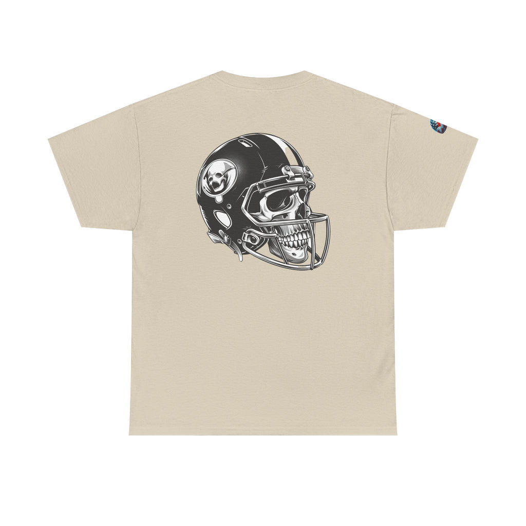 Skull Helmet Football Tee — Grunge Athletic Graphic T‑Shirt