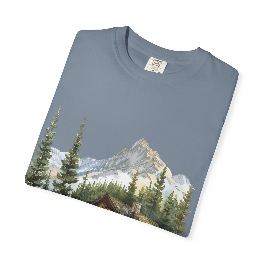 Mountain Log Cabin Illustration T-Shirt | Rustic Nature Scene