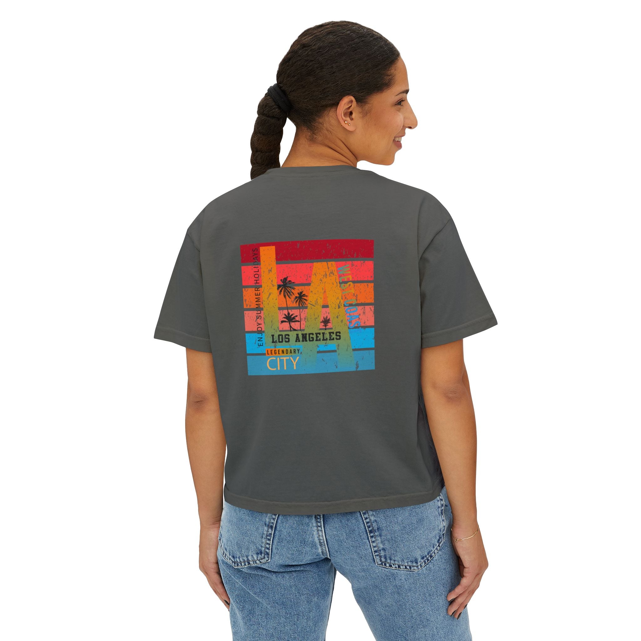 Los Angeles Sunset Women's Boxy Tee  Retro Palm Tree City Graphic