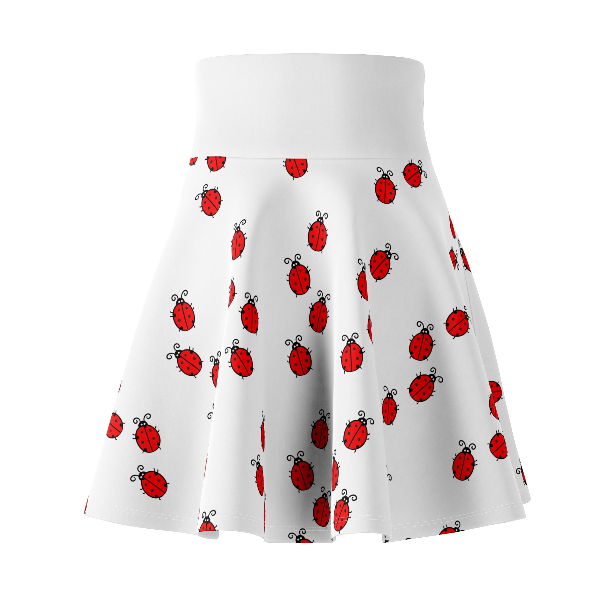 Red Ladybug Pattern Skater Skirt | Cute Insect Print, White Background