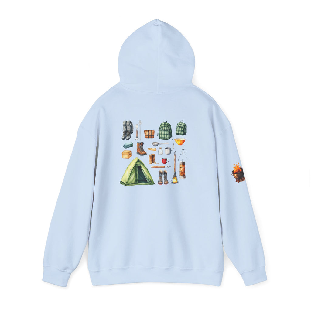 Camping Gear Hoodie  Tent, Boots, Lantern, Campfire Illustration